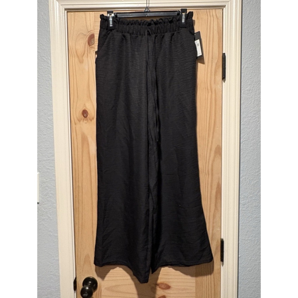 Just Love Womens L Black Wide Leg Pants Paperbag Elastic Waist Pull On Casual